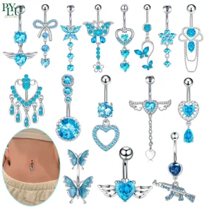 Sexy Women’s Body Jewelry Charm Blue Butterfly CZ Zircon Belly Ring Stainless Steel Heart-shaped Navel Nail OEM ODM Jewelry