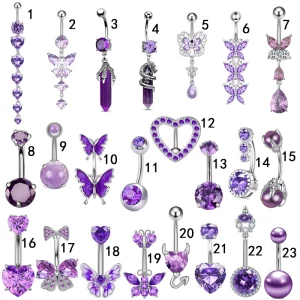 Sexy Women’s Body Jewelry Charm Purple Butterfly CZ Zircon Belly Ring Stainless Steel Heart shaped Navel Nail Jewelry
