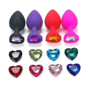 Silicone Jewel Butt Plug for Women and Men, Waterproof IPX7, BDSM Anal Plug with Heart Crystal Gem, Interchangeable, 3 Sizes, 4 Colors