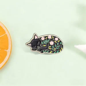 Sleeping Floral Black Cat Enamel Pin Pink Flower Leaf Pattern Kitty Brooch For Backpack Decoration