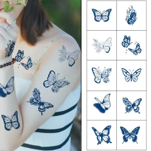 Small Butterfly Tattoo Stickers, Blue Organic Jagua Ink, Herbal Temporary Semi-Permanent, 2-Week Wear