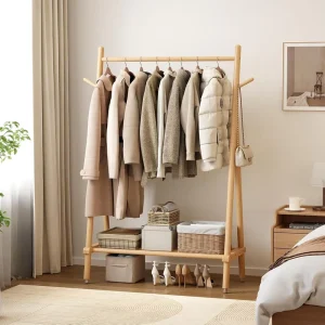 Solid Wood Clothing Rack Rolling Clothes Rack Garment Rack with Shelves Load Portable Closet Organizer on Wheels