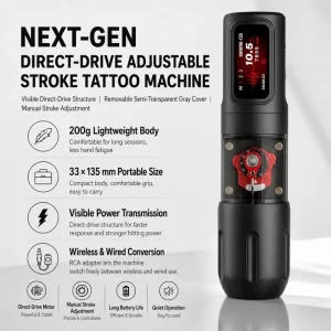 Soullead VIGOR 09 Wireless Direct Drive Adjustable Stroke Tattoo Machine High Torque 2 Grips Disposable Needles Lithium Battery