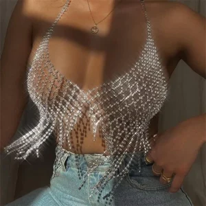 Sparkle Crystal Mesh Tassel Rhinestone Bikini Breast Body Chain for Women Engagement Wedding Anniversary Gift