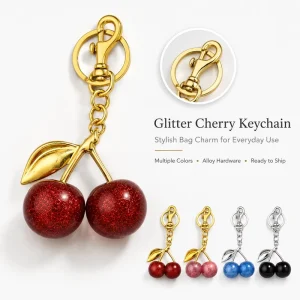 Sparkling Crystal Cherry Keychain Bag Charm Resin Glitter Fruit Pendant Gold Plated Women Car Accessories OEM