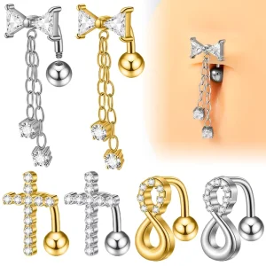 Stainless Steel 8 shaped Butterfly Chain Belly Ring Electroplated Zircon External Thread Piercing Navel Stud Jewelry
