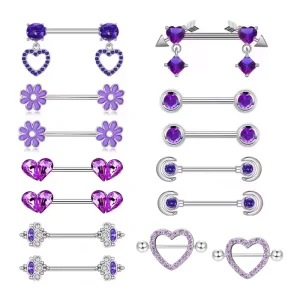 Stainless Steel Body Accessories Purple Straight Heart Breast Ring Flower Pendant Body Chain Breast Nail Piercing Accessories
