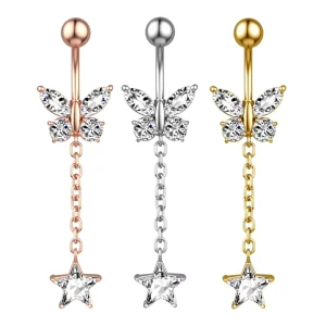 Stainless Steel Body Jewelry Butterfly Chain Barbell Ring Pentagram Zircon Inlay Belly Button Navel