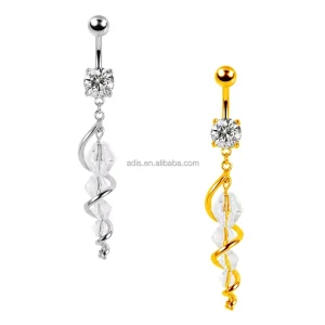 Stainless Steel Body Jewelry S Shape Clear Zircon Chain Dangle Navel Stud Wedding Spiral Belly Button Ring