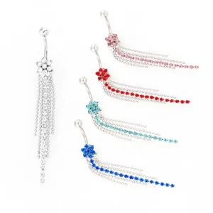 Stainless Steel Body Piercing Jewelry Rhinestone Navel Chain with Color Crystal Flower Shape Tassels Belly Button Rings