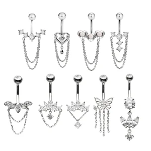 Stainless Steel Body Piercing Jewelry Zircon Flower Long Tassels Wedding Engagement Belly Piercing Hanging Navel