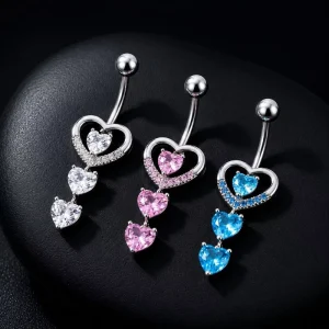 Stainless Steel Heart shaped Body Piercing Jewelry European American Fashion Multi layer Zircon Navel Piercing Stud