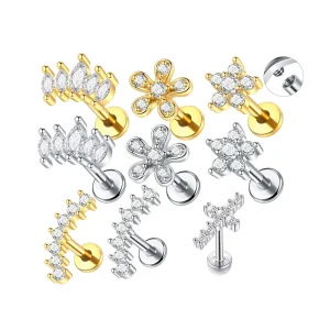 Stainless Steel Internally Threaded Flower Cross Labret Studs Lip Piercing Cartilage Ear Studs Body Piercing Jewelry With CZ