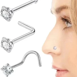 Stainless Steel Jewelled Nose Screw with Zircon Piercing Jewelry Gold Plated for Unisex
