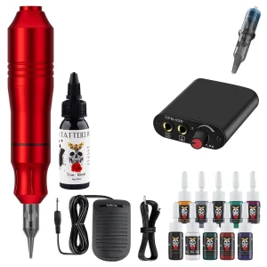 Stainless Steel Permanent Tattoo Machine Set Hand Button Pen Kit Cartridge Needle Power Beginner