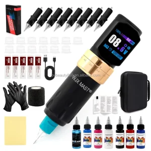 Stainless Steel Portable Permanent Adjustable Stroke Wireless Tattoo Machine Pen Kit Full Set
