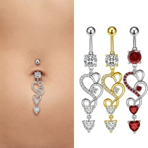 Stainless Steel Silver Plated Heart-Shaped Dangle Navel Piercing Belly Button Rings for Women Cute Gift Body Jewelry