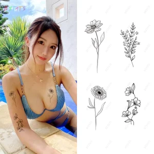Stock Black Flower Tattoo Sticker for Women Sexy Temporary Realistic Non-toxic Safe Fake Body Art Arm Sketch Leg Tattoo