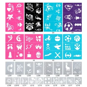 Stock PVC Material Reusable Temporary Self-Adhesive Tattoo Stencil Set Washable Customized Packing Face Airbrush Paint