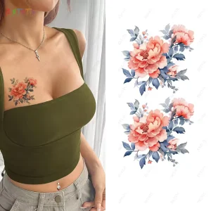 Stock Waterproof Colorful Flower Tattoo Transfer Temporary Tattoo on Chest Arm Lasting 5 7 Days Tattoo Sticker