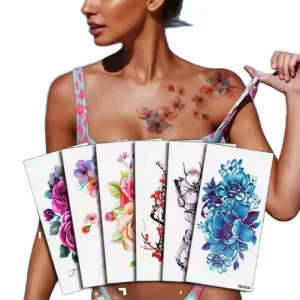 Stock Waterproof Colorful Flower Tattoo Transfer Temporary Tattoo on Chest Arm Tattoo Sticker