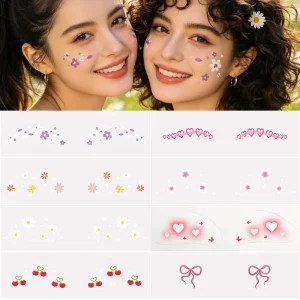 Strawberry Heart Little Daisy Freckles Face Tattoos Waterproof Cute Floral Facial Makeup Patch Stickers for Kids Adults