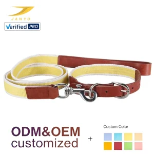 Stripe Nylon Webbing Dog Collar Matching Leash Set Anti Tear Genuine Cow Leather Wrapped Silver Metal Buckle