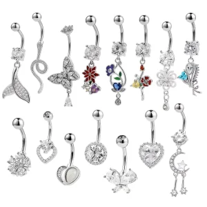 Stylish Belly Button Jewelry Trending Sex Stainless Steel Crystal Navel Silver Gold Navel Dangle Belly Button Rings Bar CZ