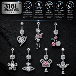 Surgical Steel Belly Button Rings Fashion Dangle Navel Piercing Jewelry For Women Hypoallergenic CZ Heart Butterfly