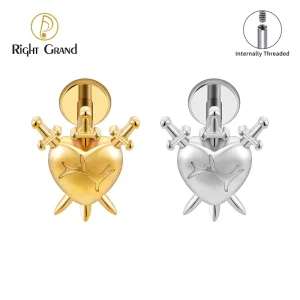 Swords Through Heart Labret Ring Titanium Internal Thread Three Flat Back Cartilage Conch Helix Lip Piercing Jewelry