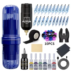 Tattoo Gun Kit Wireless Tattoo Machine Kit with Batteries 10 Cartridge Needles 7 Ink Colors for Complete Rotary Tattoo Supply