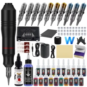 Tattoo Kit Motor Tattoo Pen Power Supply & Foot Pedal Complete Set with 20 Colors Ink Sets