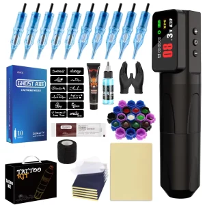 Tattoo Machine Kit Wireless Tattoo Pen Gun Kit with Tattoo Cartridge Needles Practice Skin for Beginners