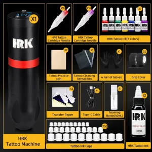 Tattoo Machine Kit with Gun Practice Skin Ink Cartridges Gloves Transfer Paper Tattoo Cleaning Dental Bibs Tattoo Kits Set