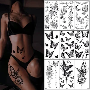 Tattoo Stickers Plain Flower English Letters Flower Butterfly Line Transfer Stickers
