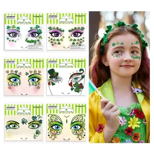 Temporary Glitter Diamond Irish Shamrock Face Stickers St Patricks Day Green Clover Face Tattoo for Eyes Makeup
