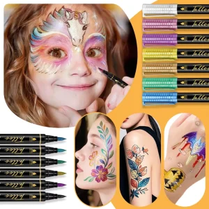 Temporary Tattoo Body Markers 24 Colors Flexible Brush Tip Waterproof Erasable Pen Face Painting Kit Glass Metal