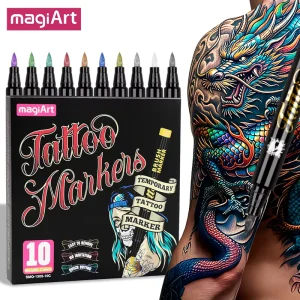 Temporary Tattoo Body Markers Pen Metallic 10 Colors Flexible Brush Tip Face Painting Kit Waterproof Tattoo Pen for Skin