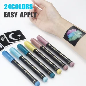 Temporary Tattoo Marker Pen for Skin Metallic Glitter & Neon Glow Body Marker Set Waterproof Washable Body Art Pen Kit