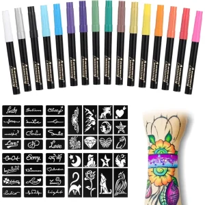 Temporary Tattoo Markers with 77 Stencils 16 Colors Flexible Brush Tip Skin Safe Cosmetic Grade Body Art Supplies