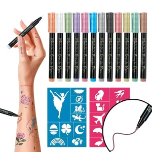 Temporary Tattoo Pen Kit Temporary Tattoo Marker Skin with Flexible Brush Tip Skin Safe & Non Toxic Tattoo Body Art Marker