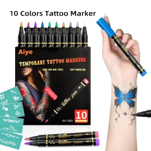 Temporary Tattoo Pen Skin 10 Colors Body Art Pen Set Waterproof Washable Safe Skin Markers with Tattoo Stencils for DIY Designs