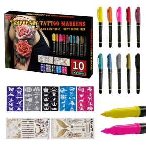 Temporary Tattoo Pen with Stencils for Body Art Painting Washable Skin Safe Markers Eco Friendly Tattoo Markers
