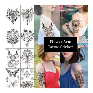 Temporary Tattoo Sticker Waterproof for Women Chest Black Rose Flower Arm
