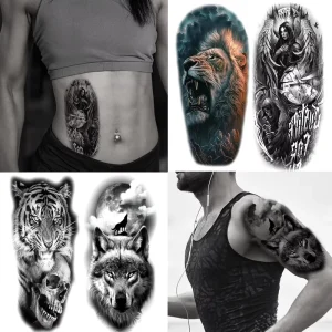 Temporary Tattoo Stickers Fake Body Arm Chest Shoulder Tattoos Halloween Black Fake Skull Tattoo for Halloween Cosplay