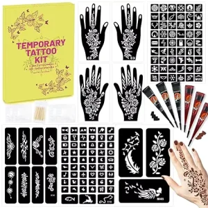 Temporary Tattoos Stencils Kit Henna Tattoos Kit 6 Pcs 2 Color Brown Black Ink Gloves for Body Face Made Paper