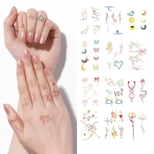 Tiny Waterproof Tattoo Stickers in 4 Colors: Cute Heart, Firework, Floral Designs Safe for Kids