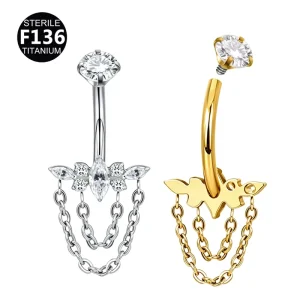 Titanium Alloy Belly Button Navel Ring Zircon Paved Top Threaded Piercing Chain Pendant Belly Button Ring Trendy Body Jewelry