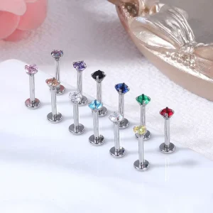 Titanium Body Jewelry 16g Round Labret Lip Piercing Ear Studs with Cubic Zirconia Gem and Pearl Claw Setting