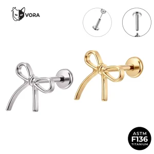 Titanium Heart CZ Bow Labret Internally Threaded White Gold Plated Earring Helix Tragus Coquette Body Jewelry
